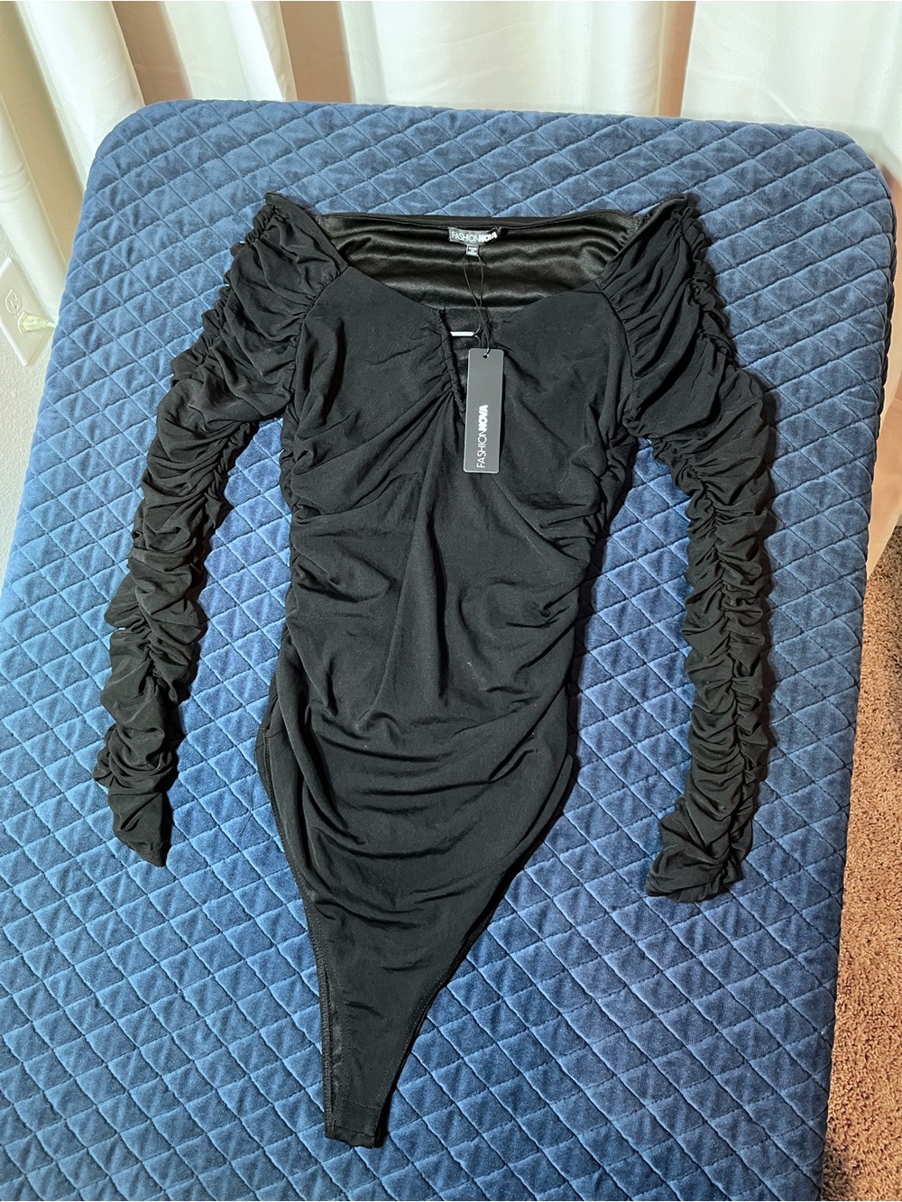 Fashion Nova Black Ruched Long Sleeve Bodysuit - The Finer Things Mesh Bodysuit